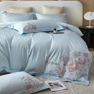 Floral Plant Embroidery Duvet Cover Blue Flat Bed Sheet 180S Cotton Bedding Set