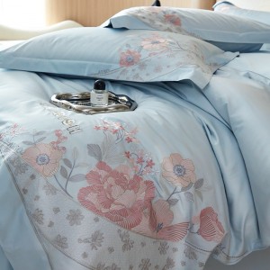 Floral Plant Embroidery Duvet Cover Blue Flat Bed Sheet 180S Cotton Bedding Set