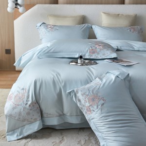 Floral Plant Embroidery Duvet Cover Blue Flat Bed Sheet 180S Cotton Bedding Set