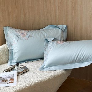 Floral Plant Embroidery Duvet Cover Blue Flat Bed Sheet 180S Cotton Bedding Set