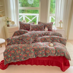 High gram weight fluffy pillowcases 2/2.3m adult coverlets red printed pillow shams milk fleece 4-piece bedding set manufacture