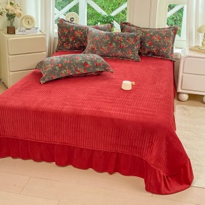High gram weight fluffy pillowcases 2/2.3m adult coverlets red printed pillow shams milk fleece 4-piece bedding set manufacture