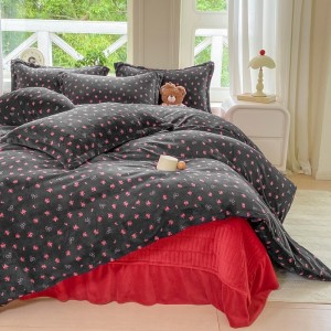 High gram weight fluffy pillowcases 2/2.3m adult coverlets red printed pillow shams milk fleece 4-piece bedding set manufacture