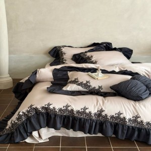 500TC Long Staple Cotton Black Lace Embroidery Quilt Cover Super Soft Bed Sheet Bedding Set