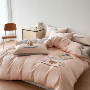 Pink Cartoon Embroidery Duvet Quilt Comforter Cover Full/Queen/King Bed Sheet Lyocell Kids Bedding Set