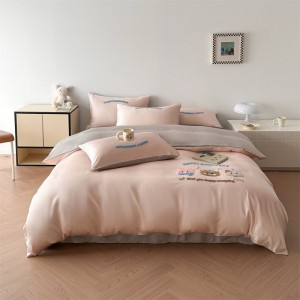 Pink Cartoon Embroidery Duvet Quilt Comforter Cover Full/Queen/King Bed Sheet Lyocell Kids Bedding Set