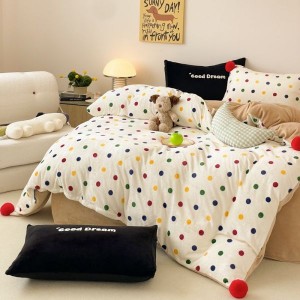 Thickened Milk Velvet Polka Dot Printed Quilt Cover Brown Bed Sheets Bedding Set For Winter