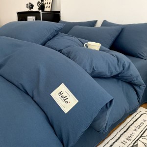 Solid Color Washed Cotton Quilt Cover Bed Sheets Blue Four-piece Bedding Set