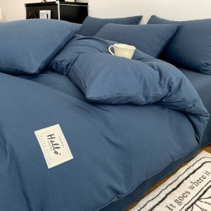Solid Color Washed Cotton Quilt Cover Bed Sheets Blue Four-piece Bedding Set