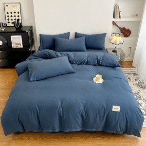 Solid Color Washed Cotton Quilt Cover Bed Sheets Blue Four-piece Bedding Set