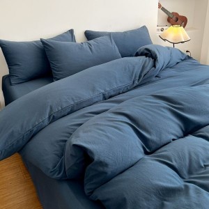 Solid Color Washed Cotton Quilt Cover Bed Sheets Blue Four-piece Bedding Set