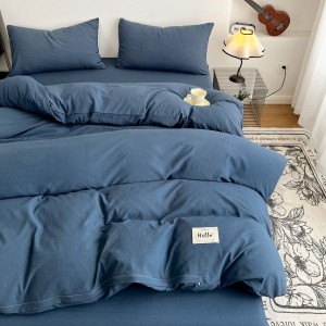 Solid Color Washed Cotton Quilt Cover Bed Sheets Blue Four-piece Bedding Set
