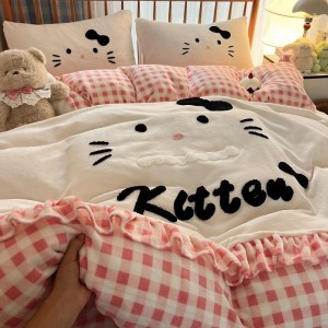 Cartoon towel embroidery milk velvet lace quilt cover soft and warm bed sheet queen king four-piece bedding set