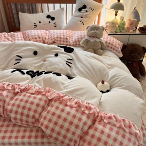 Cartoon towel embroidery milk velvet lace quilt cover soft and warm bed sheet queen king four-piece bedding set