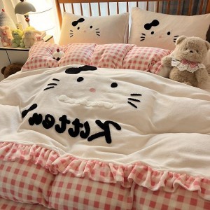Cartoon towel embroidery milk velvet lace quilt cover soft and warm bed sheet queen king four-piece bedding set