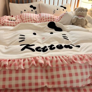 Cartoon towel embroidery milk velvet lace quilt cover soft and warm bed sheet queen king four-piece bedding set