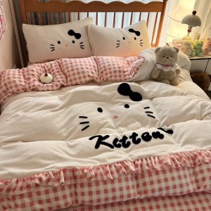Cartoon towel embroidery milk velvet lace quilt cover soft and warm bed sheet queen king four-piece bedding set