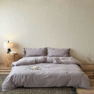 100% Cotton Embroidery Duvet Cover Double Pillowcases With Straps Purple Bed Sheets Bedding Set