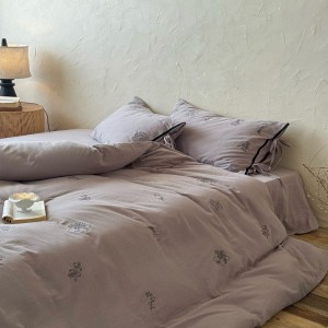 100% Cotton Embroidery Duvet Cover Double Pillowcases With Straps Purple Bed Sheets Bedding Set