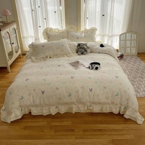 Washed cotton double-layer lace edge quilt cover soft bed sheets printed four-piece bedding set