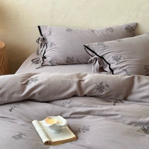 100% Cotton Embroidery Duvet Cover Double Pillowcases With Straps Purple Bed Sheets Bedding Set