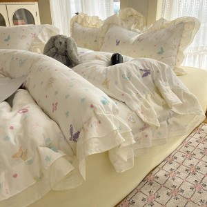 Washed cotton double-layer lace edge quilt cover soft bed sheets printed four-piece bedding set