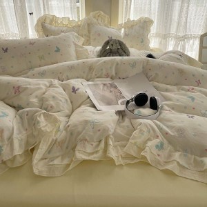 Washed cotton double-layer lace edge quilt cover soft bed sheets printed four-piece bedding set