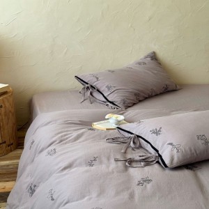 100% Cotton Embroidery Duvet Cover Double Pillowcases With Straps Purple Bed Sheets Bedding Set