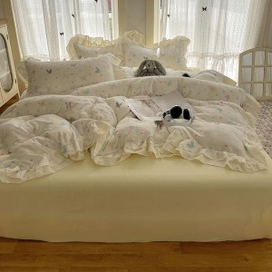 Washed cotton double-layer lace edge quilt cover soft bed sheets printed four-piece bedding set