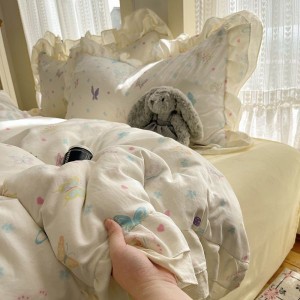 Washed cotton double-layer lace edge quilt cover soft bed sheets printed four-piece bedding set