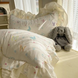 Washed cotton double-layer lace edge quilt cover soft bed sheets printed four-piece bedding set