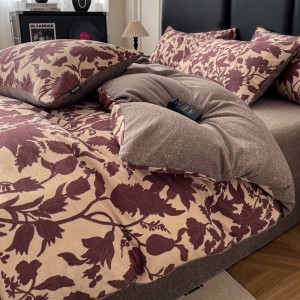 Original linen red floral plant printing quilt cover four-piece bed sheets bedding set