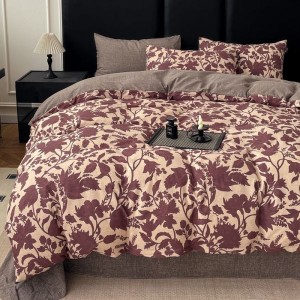 Original linen red floral plant printing quilt cover four-piece bed sheets bedding set