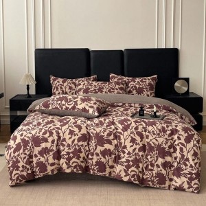 Original linen red floral plant printing quilt cover four-piece bed sheets bedding set
