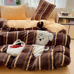 High gram weight milk velvet Applique comforter quilt cover 4-pieces brown double coverlets bedding set supplier
