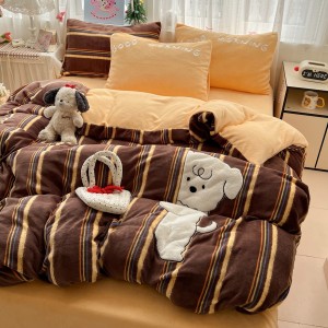 High gram weight milk velvet Applique comforter quilt cover 4-pieces brown double coverlets bedding set supplier