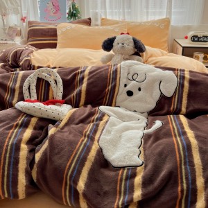 High gram weight milk velvet Applique comforter quilt cover 4-pieces brown double coverlets bedding set supplier