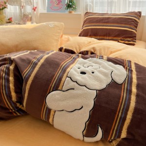 High gram weight milk velvet Applique comforter quilt cover 4-pieces brown double coverlets bedding set supplier