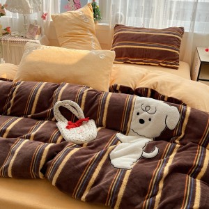 High gram weight milk velvet Applique comforter quilt cover 4-pieces brown double coverlets bedding set supplier