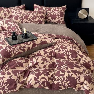 Original linen red floral plant printing quilt cover four-piece bed sheets bedding set