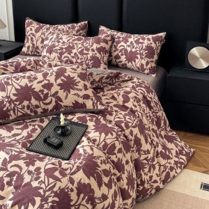 Original linen red floral plant printing quilt cover four-piece bed sheets bedding set