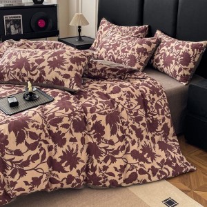Original linen red floral plant printing quilt cover four-piece bed sheets bedding set