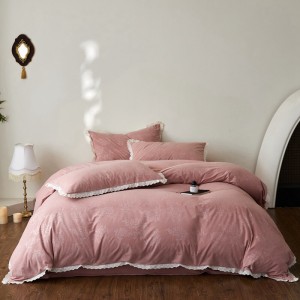 Winter warm pink jacquard 4pcs polyester home hotel textiles ruffles bedding set supplier