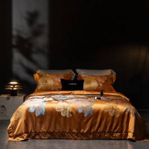 Gold Lyocell Cotton Satin Floral Yarn-dyed Jacquard Duvet Cover Smooth Bed Sheets Queen King 4PCS Home Bedding Set