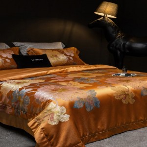 Gold Lyocell Cotton Satin Floral Yarn-dyed Jacquard Duvet Cover Smooth Bed Sheets Queen King 4PCS Home Bedding Set