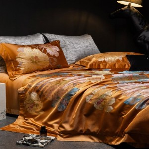 Gold Lyocell Cotton Satin Floral Yarn-dyed Jacquard Duvet Cover Smooth Bed Sheets Queen King 4PCS Home Bedding Set