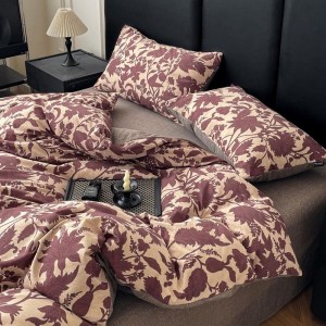 Original linen red floral plant printing quilt cover four-piece bed sheets bedding set