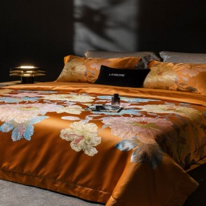 Gold Lyocell Cotton Satin Floral Yarn-dyed Jacquard Duvet Cover Smooth Bed Sheets Queen King 4PCS Home Bedding Set