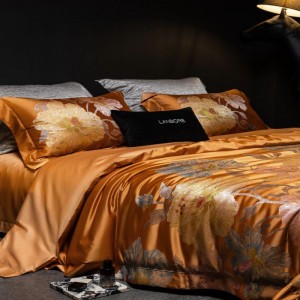 Gold Lyocell Cotton Satin Floral Yarn-dyed Jacquard Duvet Cover Smooth Bed Sheets Queen King 4PCS Home Bedding Set