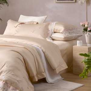 100S Long Staple Cotton Luxury Lace Embroidery Duvet Quilt Cover Bed Sheet Champagne Bedding Set